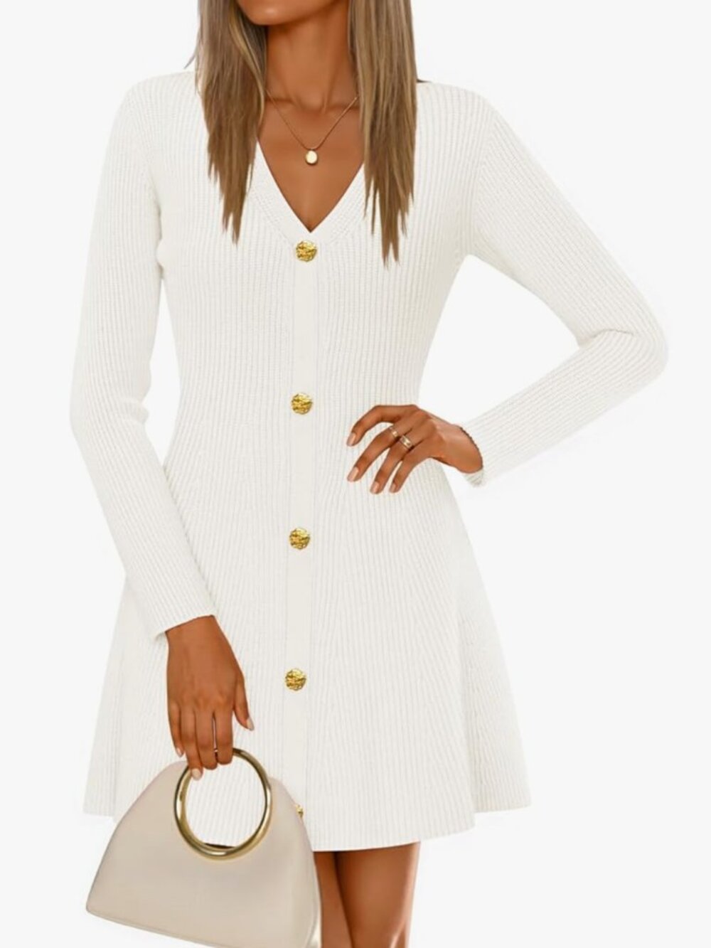 White Sweater Dress with Gold Buttons